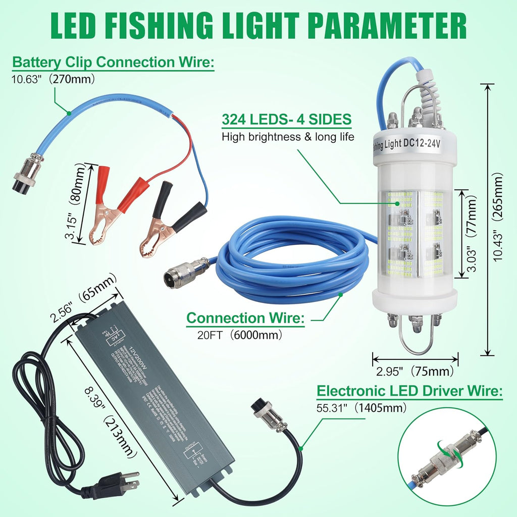 Underwater Fishing Light Super Bright 80000 Lumens 160W Green LED Submersible Fish Bait 110V & 12/24V with Transformer 20FT Wire Night Green Fishing Light for Boats Docks Kayaks