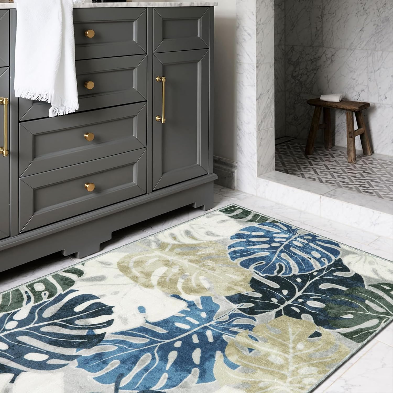 Wonnitar Monstera 3x5 Area Rug, Washable Small Leaf Room Rugs for Bedroom Blue Entry Mat, Tropical Coastal Plant Entrance Carpet Soft Stain Resistant Accent Carpet for Living Room Mudroom Office