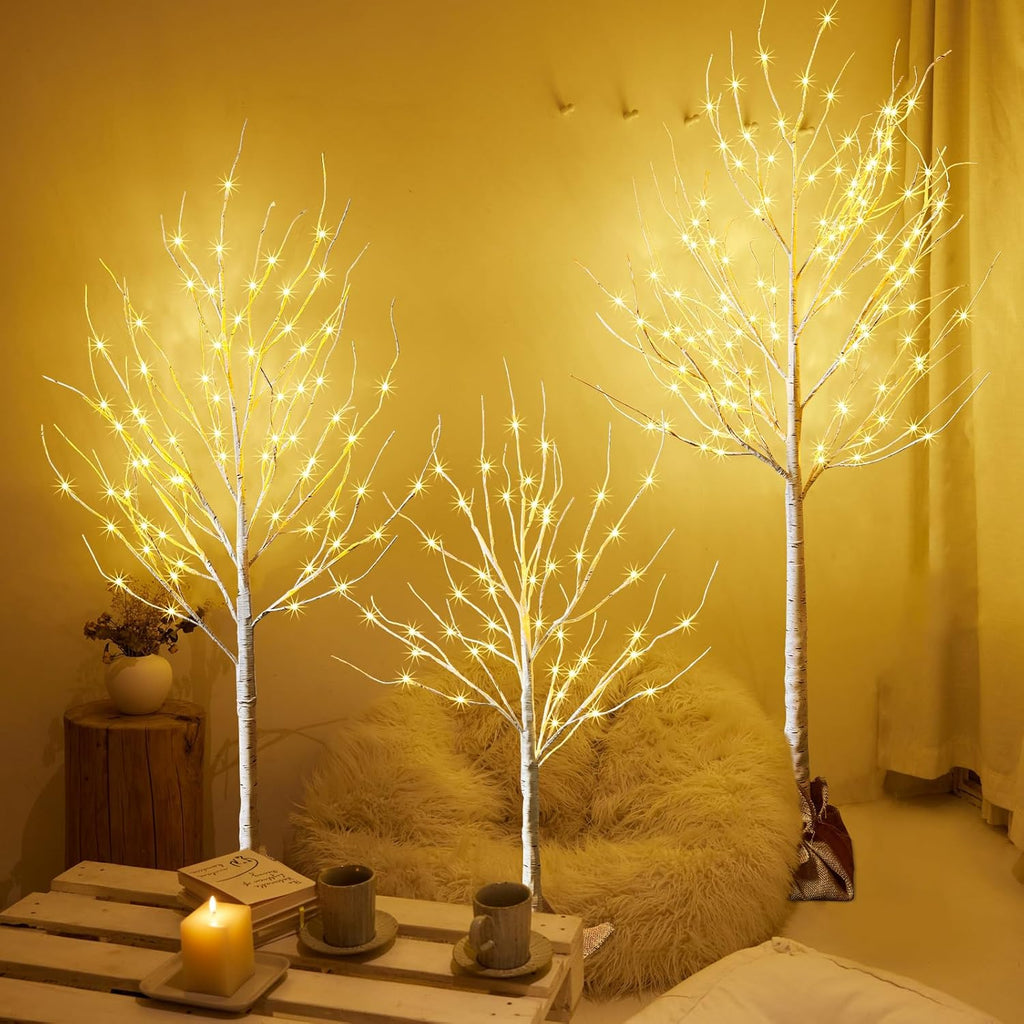 Outdoor Christmas Decoration Lighted Birch Tree, 3 Packs LED Prelit Light up Tree with Burlap Decor, Warm White, Power Supply by Adaptor, Xmas New Year Indoor&Outdoor Decor(4FT&5FT&6FT)