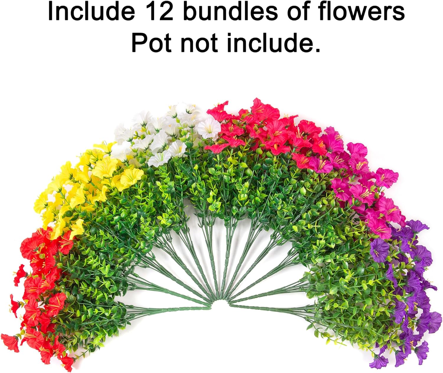Artificial Flowers Fake Plants for Outdoors Decoration, 12 Bundles Silk Morning Glory with Eucalyptus Realistic UV Resistant Faux Flowers for Outside Planter Porch Yard Patio Garden Home Indoor, Mix