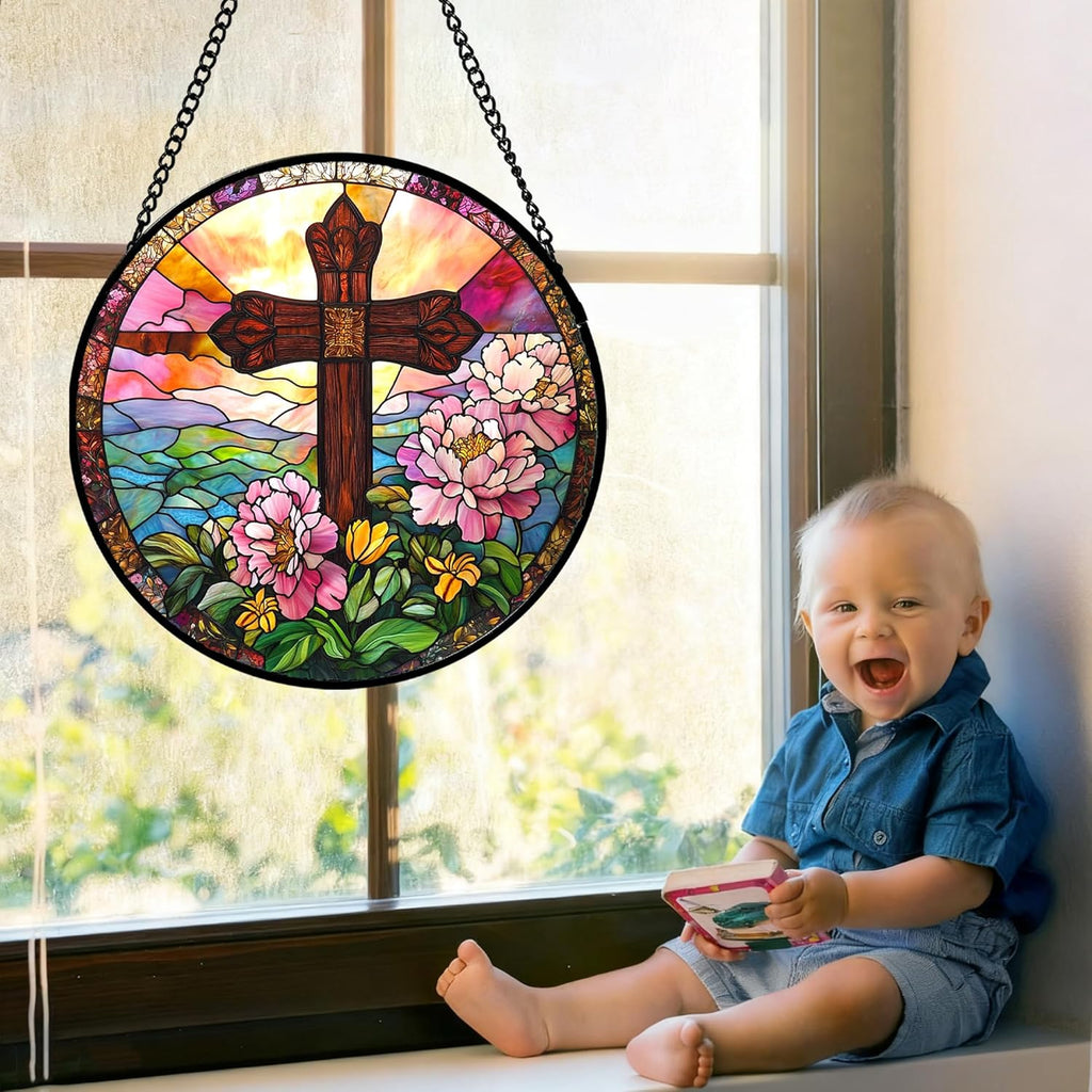 Christian Gifts for Women - Cross Stained Glass Window Hanging Jesus Easter Pink Flower Peony Sun Catcher Garden Religion Decor Mother's Day Catholic Gift for Men Grandma Mom Her Nana 11.8"