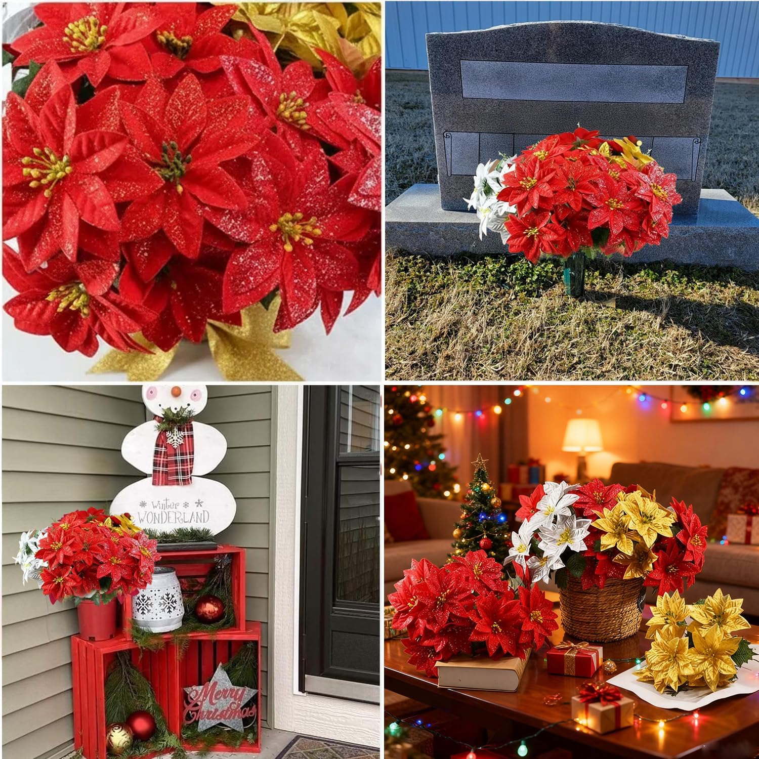 35 Bundles Poinsettias Artificial Christmas Bouquet, Large Mixed Bush Fake Velvet Poinsettia Bouquet Silk Flowers Arrangements for Christmas Cemetery Flowers for Grave Home Holiday Indoor Outdoor