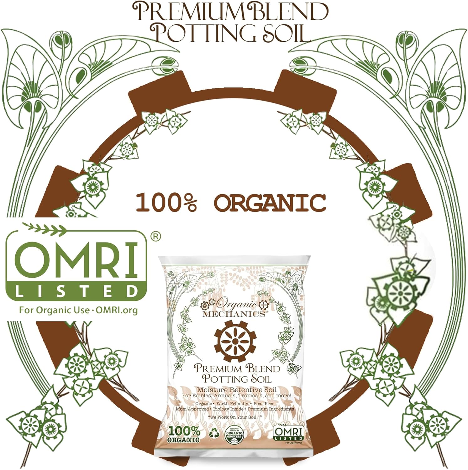 Organic Mechanics Premium Blend Potting Soil, 1 Cu Ft - Moisture-Retentive, Peat-Free, Compost - Enriched Mix with Worm Castings & Perlite for Houseplants, Annuals, Veggies & Tropical Plants