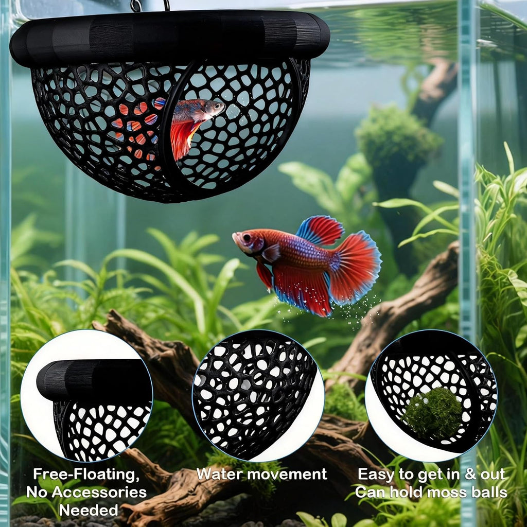 2 Sizes Floating Betta Fish Hide and Shrimp Cave – 3D Printed Aquarium Hammock, Floating Feeder Ring, and Resting Shelter for Nano Aquariums & Fish Tank Decorations (Black)