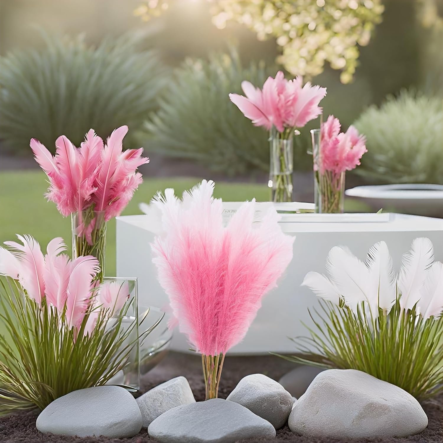 UiiziC Faux Pampas Grass Dried Fluffy 6pcs 37.5" Artificial Ascendant Grass for Vase Fillers Wedding Party Bouquets Home Hotel Centerpieces Decor (Deep Pink and Light Pink)