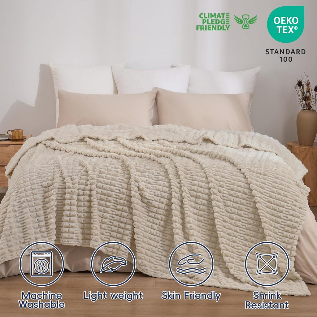 PHF Ultra Soft Flannel Fleece Blanket King Size, Lightweight 3D Jacquard Fleece Blanket, No Shedding, No Pilling, Luxury 340GSM Aesthetic Fluffy Cozy for Bed Room Decor, 108"x90", French Oak