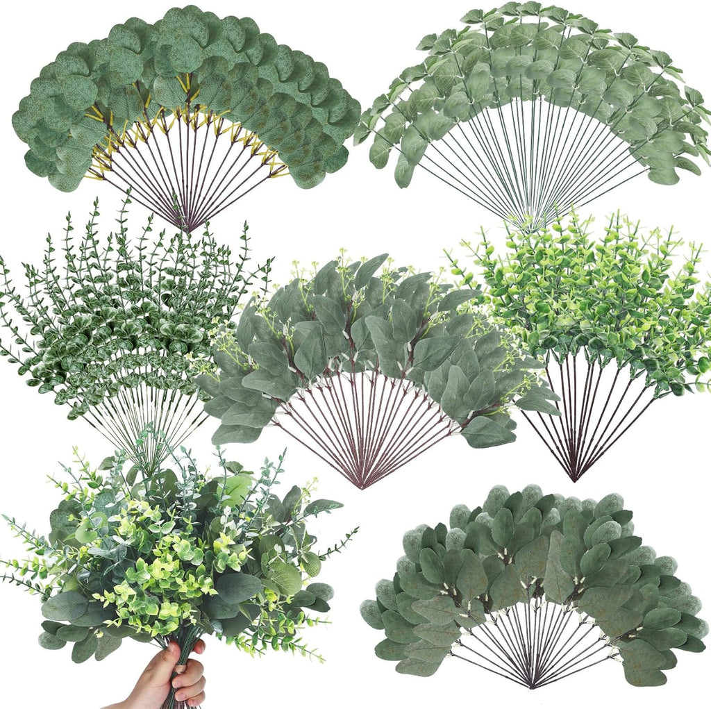 Ceenna 500 Pcs 6 Kinds Mixed Eucalyptus Leaves Stems Bulk Artificial Eucalyptus Leaves Sprays Silver Dollar Faux Greenery Picks Bundle for Wedding Vase Floral Arrangement Decor