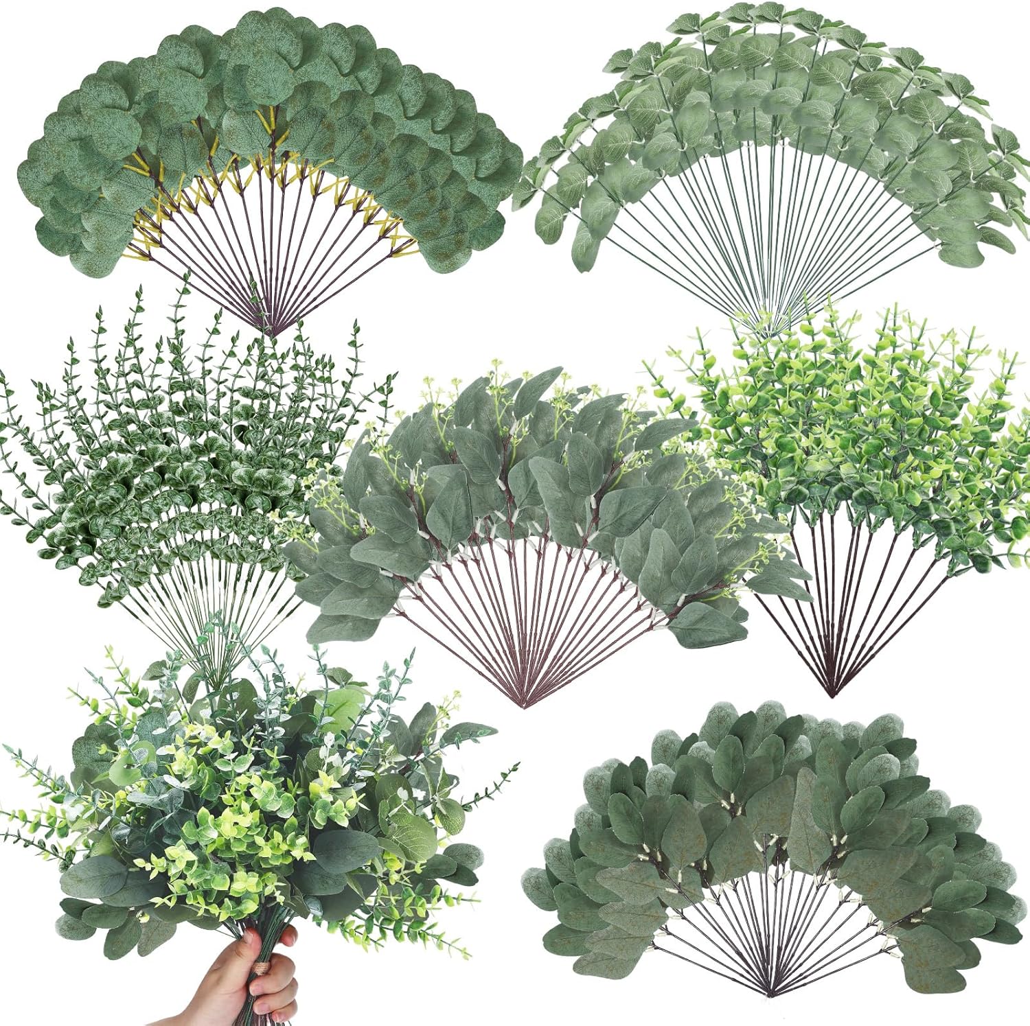 Ceenna 500 Pcs 6 Kinds Mixed Eucalyptus Leaves Stems Bulk Artificial Eucalyptus Leaves Sprays Silver Dollar Faux Greenery Picks Bundle for Wedding Vase Floral Arrangement Decor