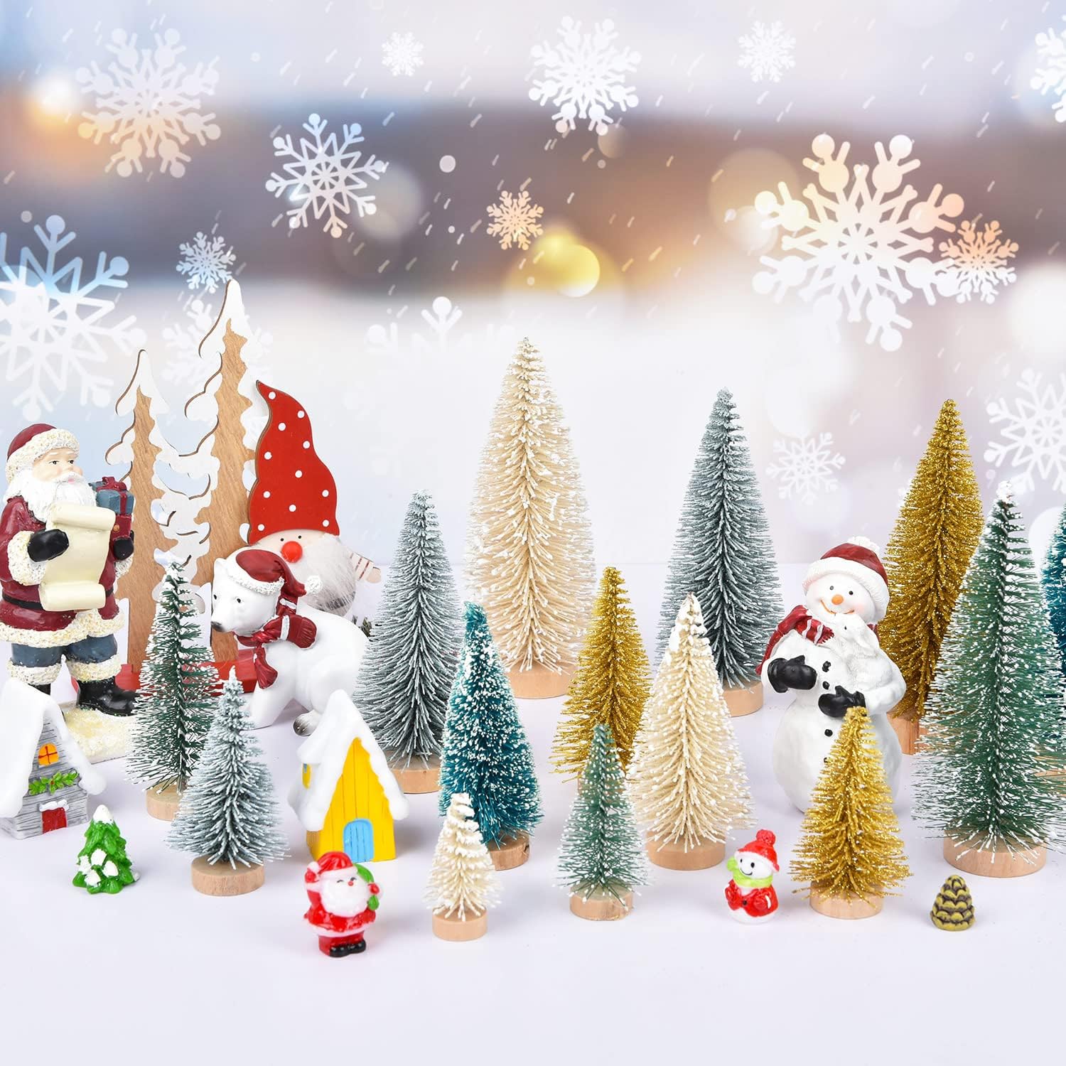 DearHouse 30PCS Artificial Mini Christmas Trees, Mini Pine Tree Sisal Trees with Wood Base Bottle Brush Trees for Christmas Table Top Decor Winter Crafts Ornaments (Gold, 30)