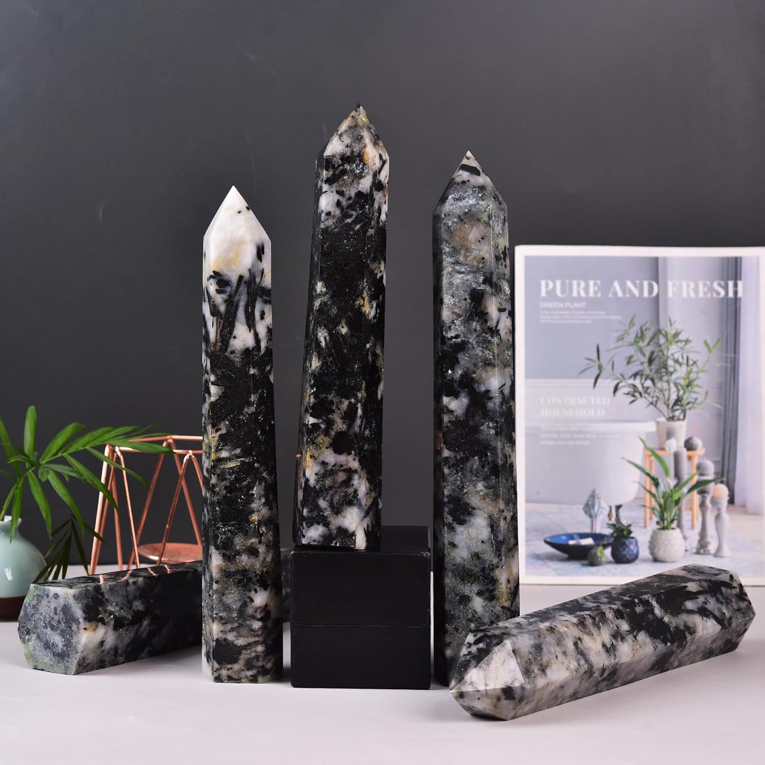 JIC Gem Large Black and White Tourmaline Crystal Obelisk Tower Wand 6 Faceted Healing Crystal Quartz Wand Point Home&Desktop Decoration 2.2-2.6 Lbs