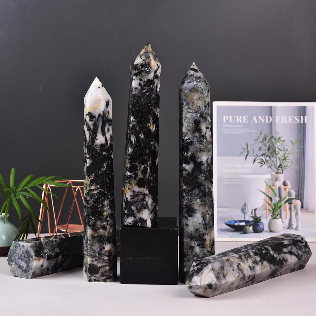 JIC Gem Large Black and White Tourmaline Crystal Obelisk Tower Wand 6 Faceted Healing Crystal Quartz Wand Point Home&Desktop Decoration 2.6-3.0 Lbs