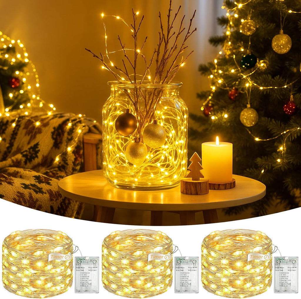 3 Pack 16FT 50 LED Fairy Lights Battery Operated with Timer, 8 Modes USB Mini Twinkle Light, Small String Lights for Christmas Tree Wreath Vase Bedroom DIY Wedding Decorations-Warm White