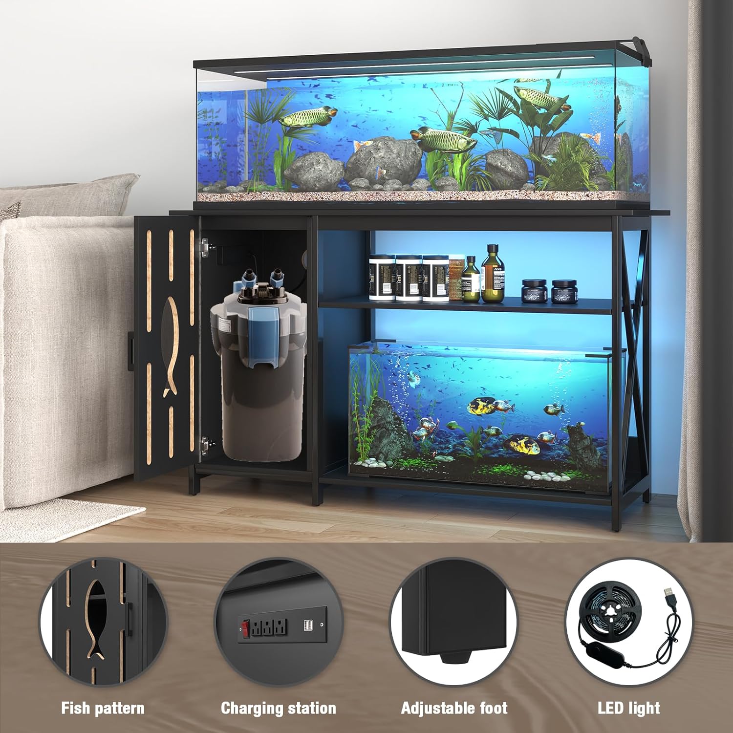 55-75 Gallon Aquarium Stand with Power Outlets,Fish Tank Stand with Cabinet&LED Light,Aquarium Stand for Fish Tank/Turtle Tank/Reptile Terrarium,1100LBS Capacity,Black