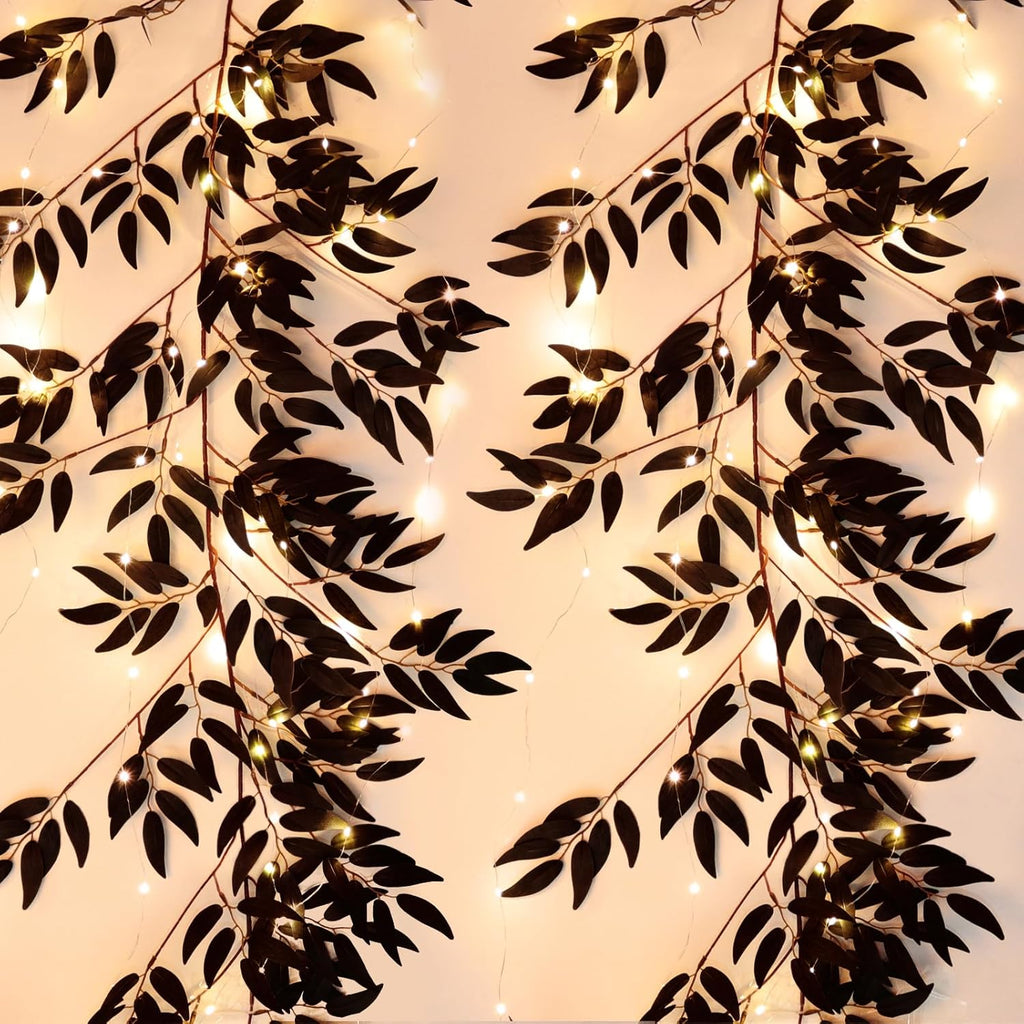 RECUTMS Artificial Black Willow Leaves Vine Twigs Whit Light 2Pcs 5.7Ft Fake Hanging Black Halloween Garland Faux Silk Willow Leaf Ivy Indoor Outdoor Jungle Autumn Wreath Halloween Party Decor
