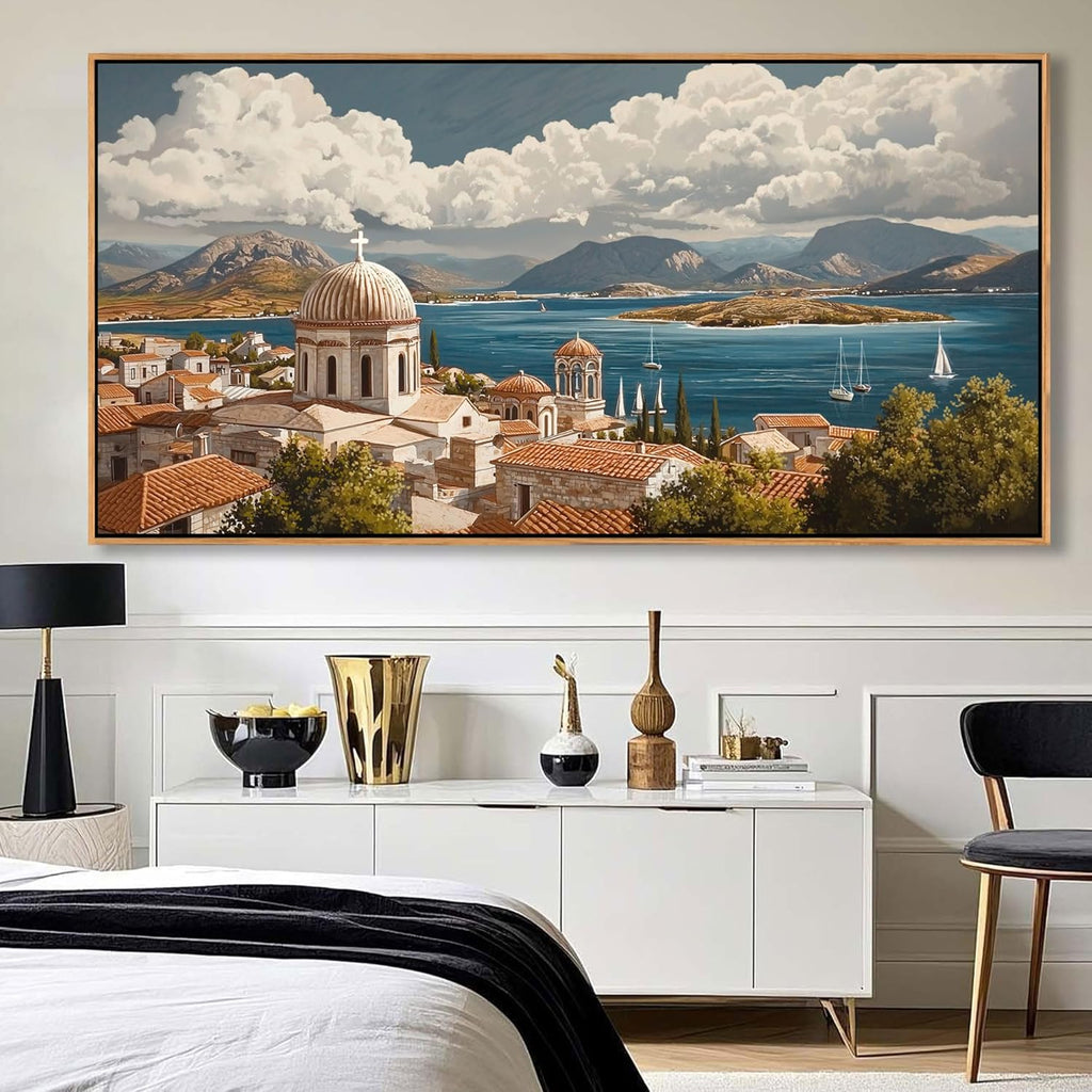 YDYSUNE Large Wall Art Framed Costal Wall Decor Retro Ocean Canvas Decor Sailboat Painting Village Seascape Artwork for Living Room Bedroom Dining Decoration Size 29x58 Inches