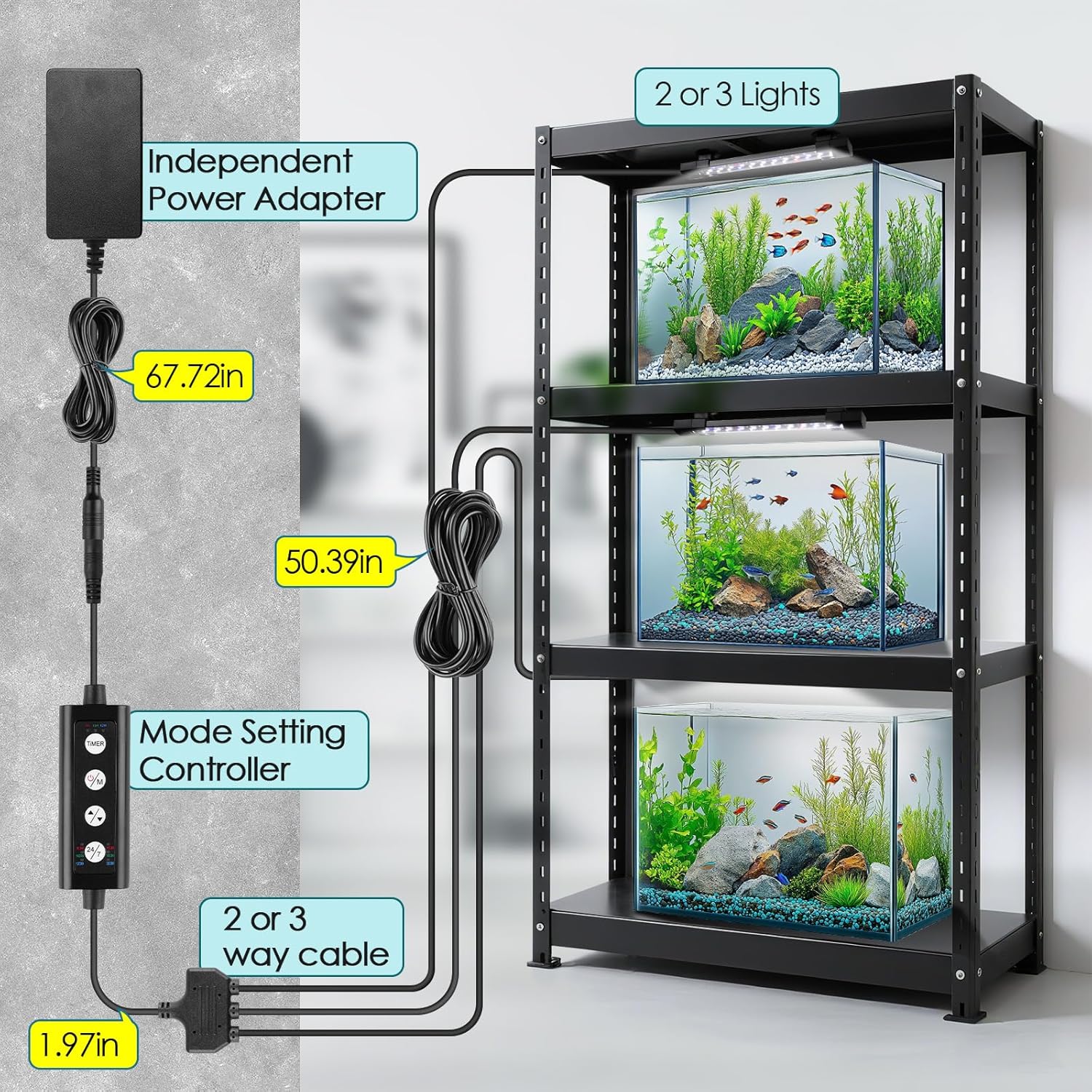 hygger Dual-Channel Controller Submersible Aquarium LED Light, 24/7 Mode Full Spectrum Hidden Fish Tank Light with 3 Rows Beads 7 Colors Auto On Off, Adjustable Timer Brightness (2)