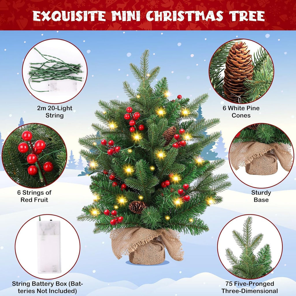 Mini Christmas Tree,20 inch/50CM Small Christmas Tree with Lights with 2M LED Lights,75 Branch Tips,for Home Office Christmas Decorations