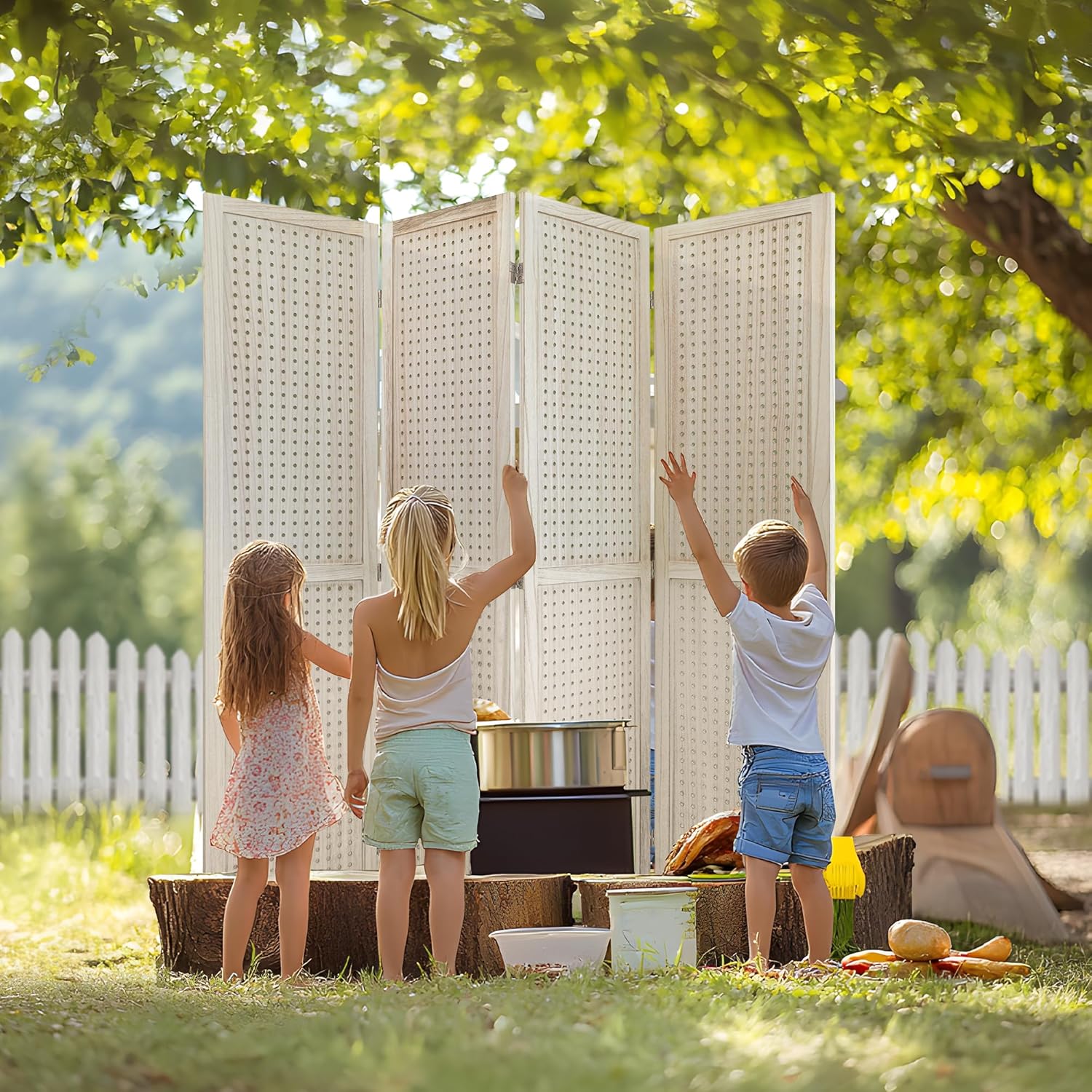 4 Panel Room Dividers 5.6FT Wall Divider with Freestanding Peg Board Display Wooden Folding Privacy Screen Foldable Partition Wall for Studio Apartment, Living Room, Natural Wood