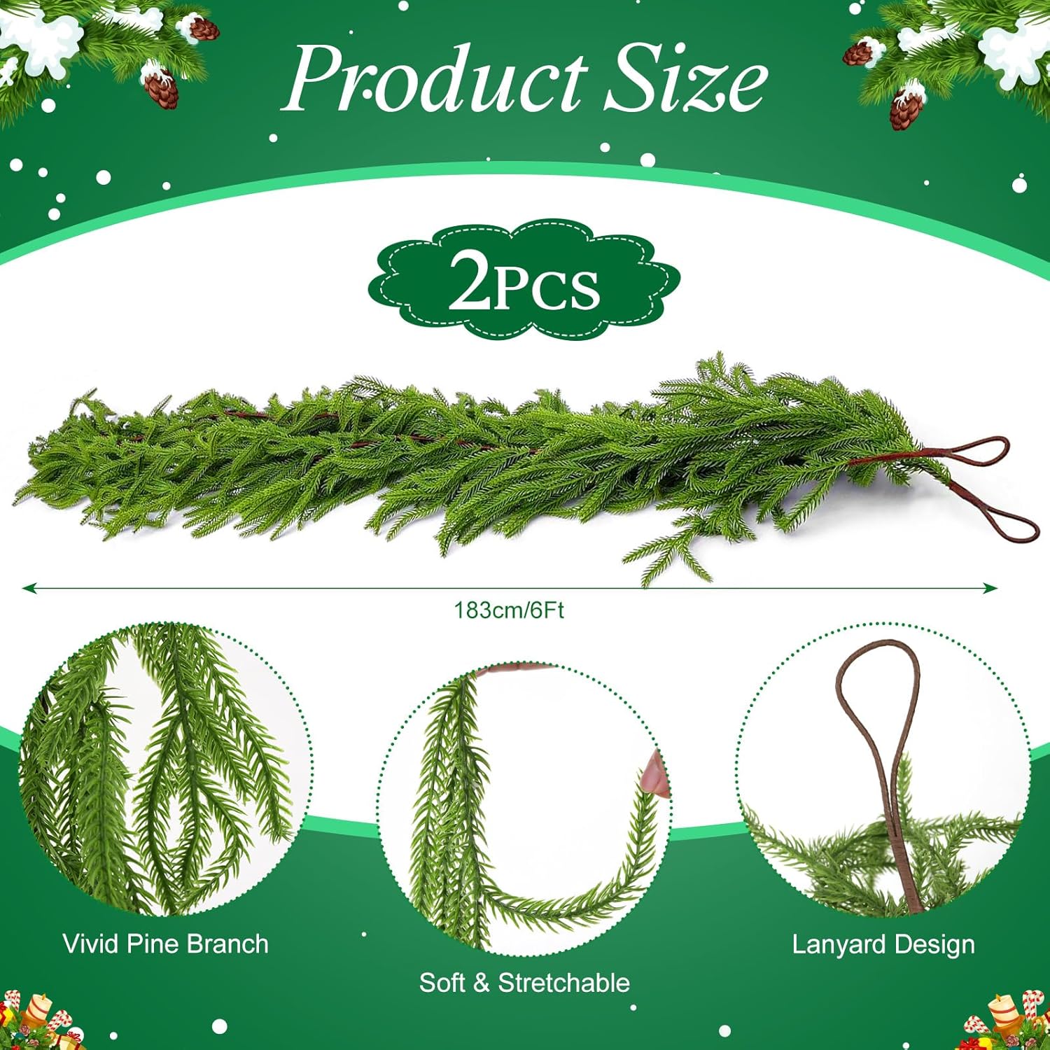 2 Pack 6 Ft Artificial Norfolk Pine Garlands - Christmas Decor Realistic Pine Garland, Green Faux Greenery Garland for Table, Mantle, Fireplace, Wall, Indoor Outdoor Winter Christmas Decorations