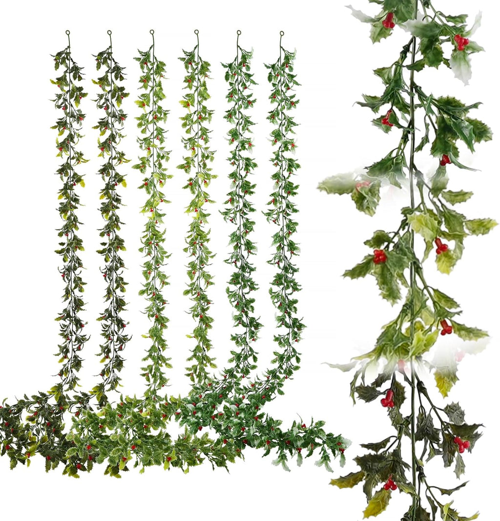 6 Pack 5.57ft Artificial Christmas Garlands, Xmas Holly Leaves and Red Berries, Artificial Greenery Garlands for Christmas Decorations Fireplace Winter Newyear Decor