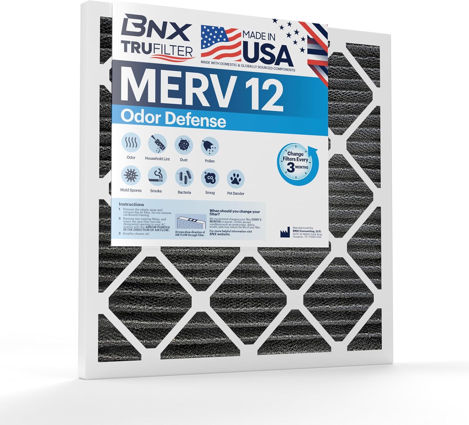 BNX TruFilter 14x20x1 MERV 12 Odor Defense (4-Pack) AC Furnace Air Filter with Activated Carbon - MADE IN USA - Pleated Air Conditioner HVAC AC Furnace Filters - Removes Odor, Mold, Bacteria, Smoke