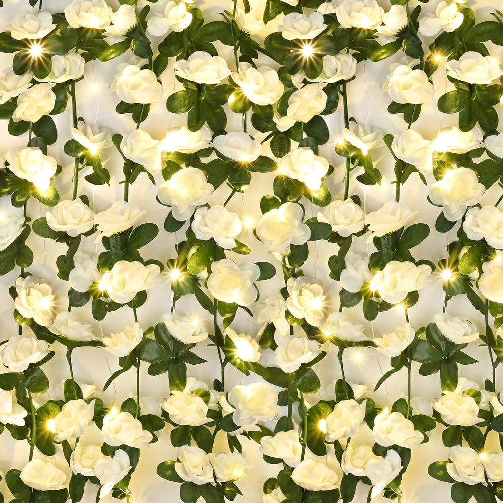 BLEUM CADE 5Pcs 41Ft Flower Garland Artificial Rose Vines with 32.8Ft String Lights, Cute Fake Hanging Flower Vines Floral Garland Decorations for Wedding Party Wall Room Decor Aesthetic