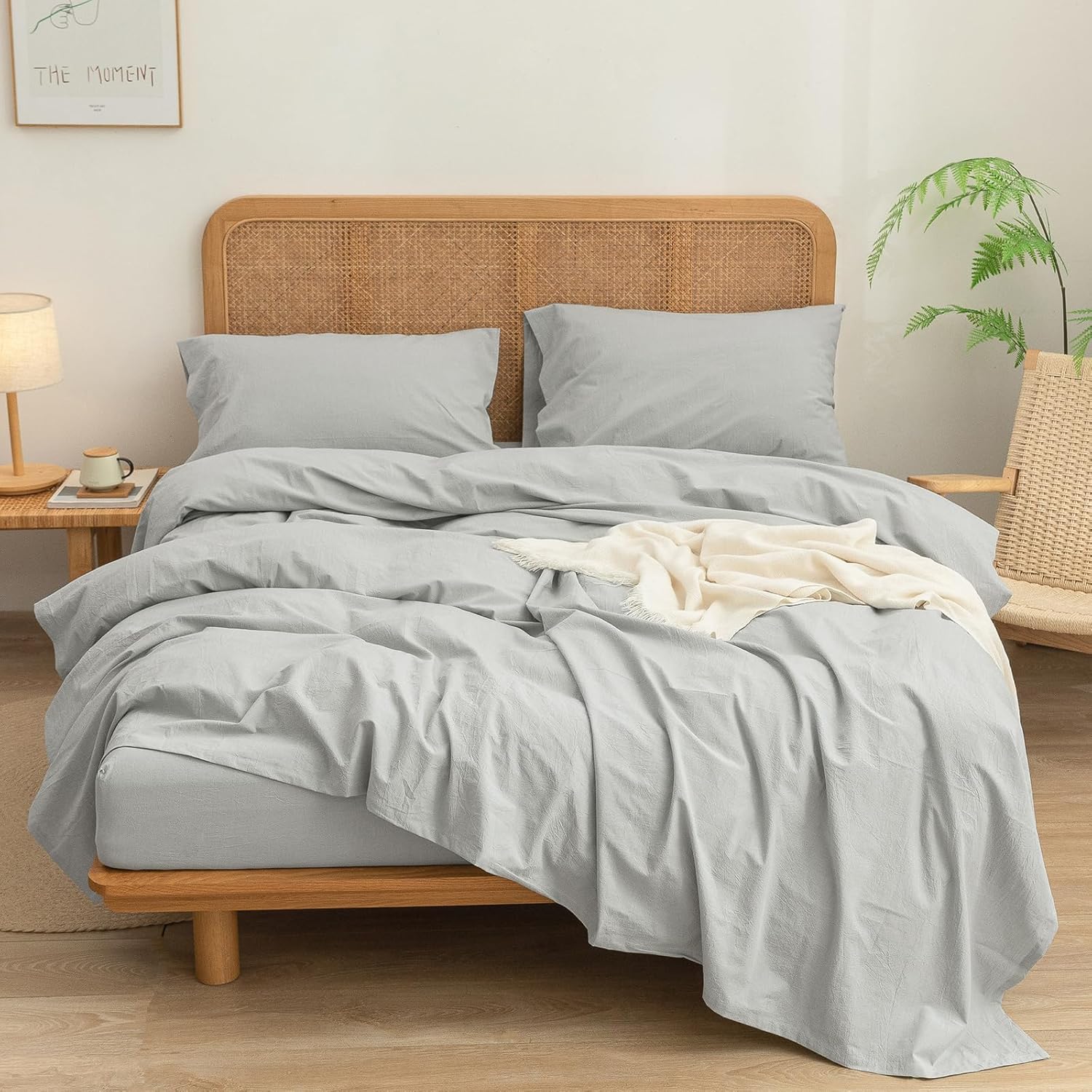 BESTOUCH Sheet Set 100% Washed Cotton Linen Feel Super Soft Comfortable Chic Lightweight 4 Pcs Home Bedding Set Solid Northern Droplet Grey Full