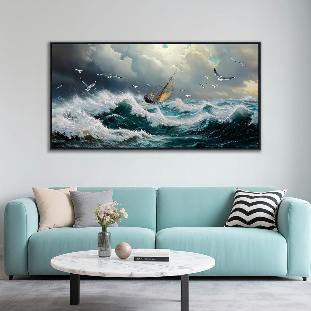 YDYSUNE Ocean Wall Art - Retro White Canvas painting Sailboat Wall Decor Textured Picture Artwork Nautical Adventurer Painting Coastal Art Framed for Living Room Bedroom Home 24x48inch