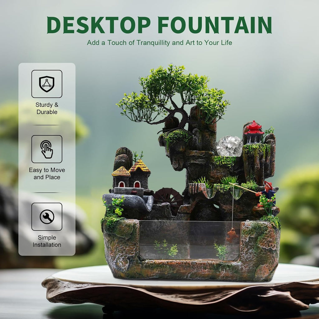 Desktop LED Waterfall Fountain,Tabletop Rockery Water Fountain with Fish Tank and Atomizer for Home Office Bedroom Decorative