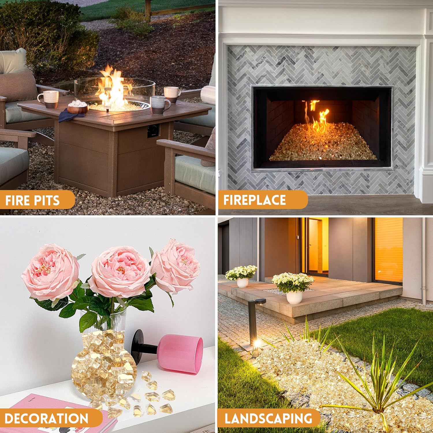 GasSaf 1/2 Inch Fire Glass Reflective Tempered Fireglass Cut Crushed FireGlass for Fire Pit, Fireplace, Replaces Existing Gas Logs & Lava Rocks (10 Pound)(Gold Reflective)