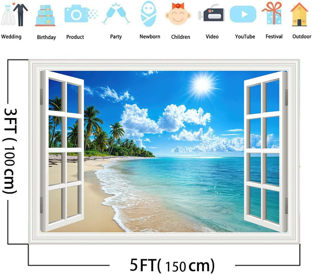 Beach Window Backdrop, Hawaiian Tropical Photo Backdrop, Ocean Island Green Palm Leaves Wedding Birthday Party Backdrop Photo Booth Props, 7X5ft