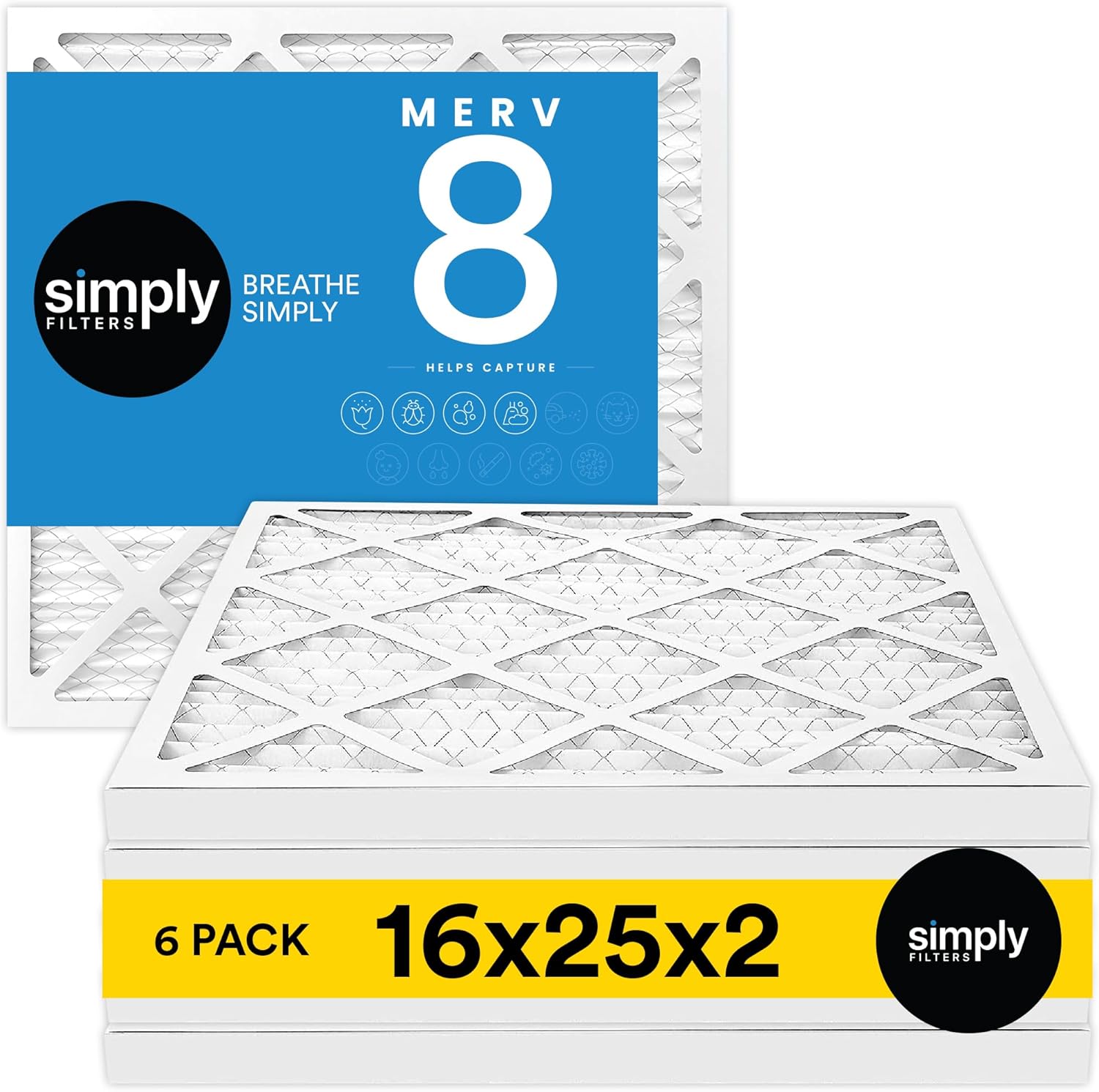 Simply 16x25x2 Air Filter, MERV 8, 6 Pack, Furnace Air Filter for HVAC (Actual Size:15.5"x24.5"x1.75") DUST, Pet, & Allergy Control