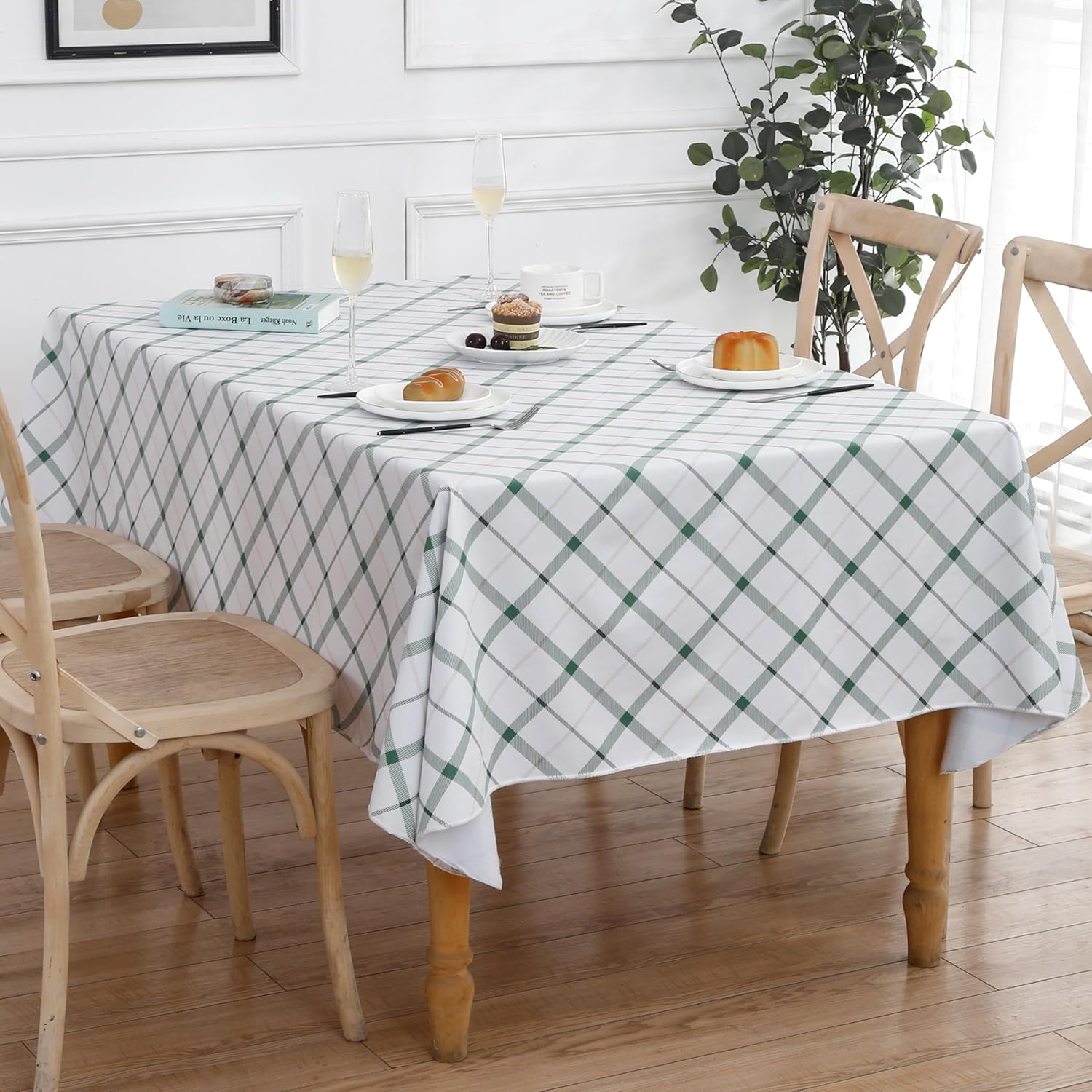 Heavy Duty Vinyl Tablecloth with Flannel Backing Waterproof Oil-Proof Plastic Table Cloth Stain-Resistant Wipeable Rectangle or Square Table Cover for Indoor and Outdoor (Green Plaid,52x70 Inch)