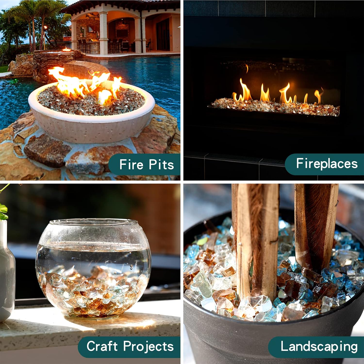 Onlyfire 10 Pounds Blended Reflective Fire Glass for Fire Pit Fireplace and Landscaping, 1/2 Inch Mixed Colored High Luster Fireglass Rocks for Outdoor and Indoor Use - Aqua Blue+Platinum+Copper