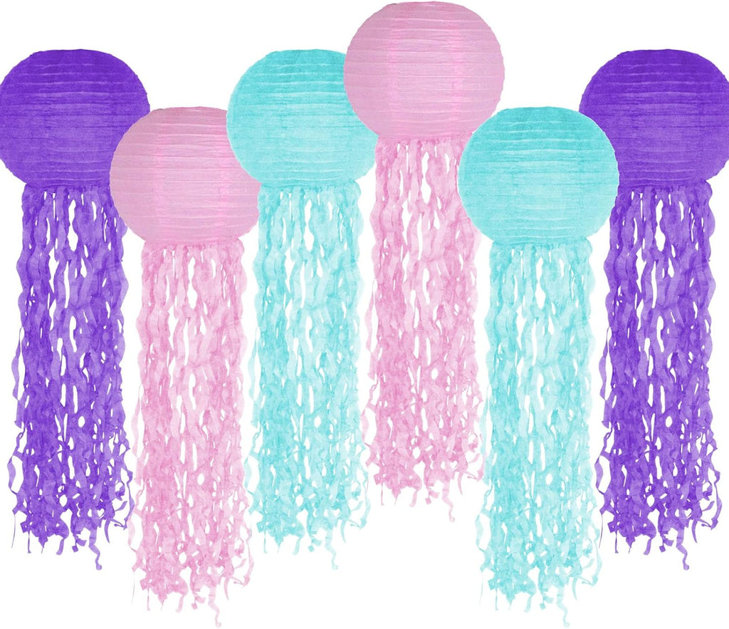 Jelly Fish Paper Lanterns, Pink Purple Blue Hanging Lantern for Mermaid Theme Under The Sea Ocean Birthday Party Decorations Set of 6