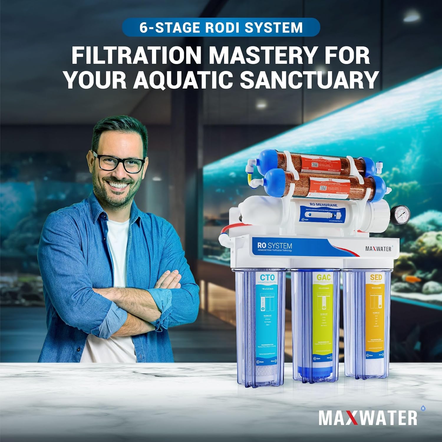 Max Water 6 Stage Aquarium System/RO Water Filtration System with Deionization Filter RO Water Purifier 100 GPD Hydroponics RODI System (Clear)