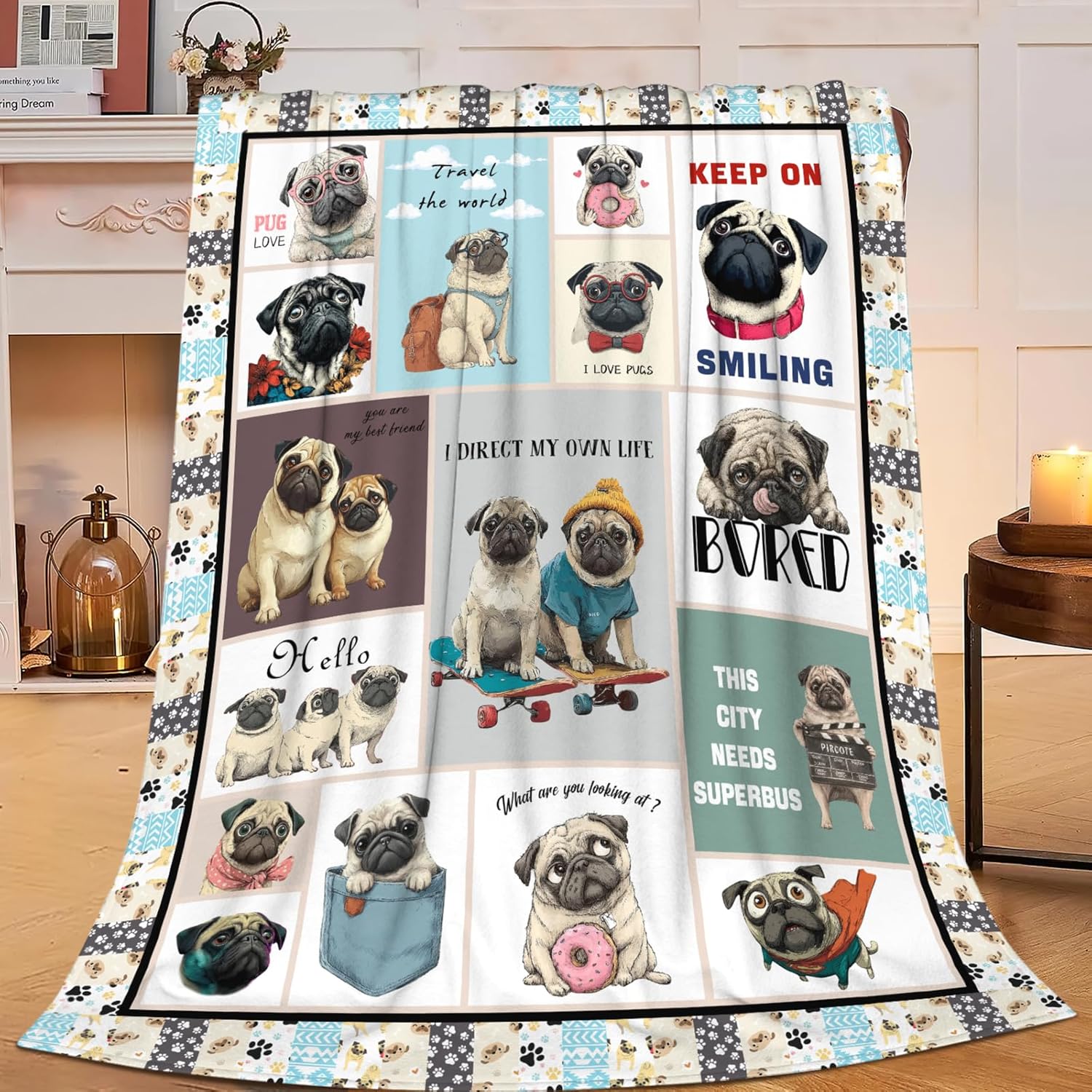 Pug Throw Blanket Pug Puppy Stuff Gifts for Dog Lover Kids Girls Boys Adults Women Men Soft Cozy Warm Plush Fluffy Fuzzy Fleece Blanket Decor 40''X50''
