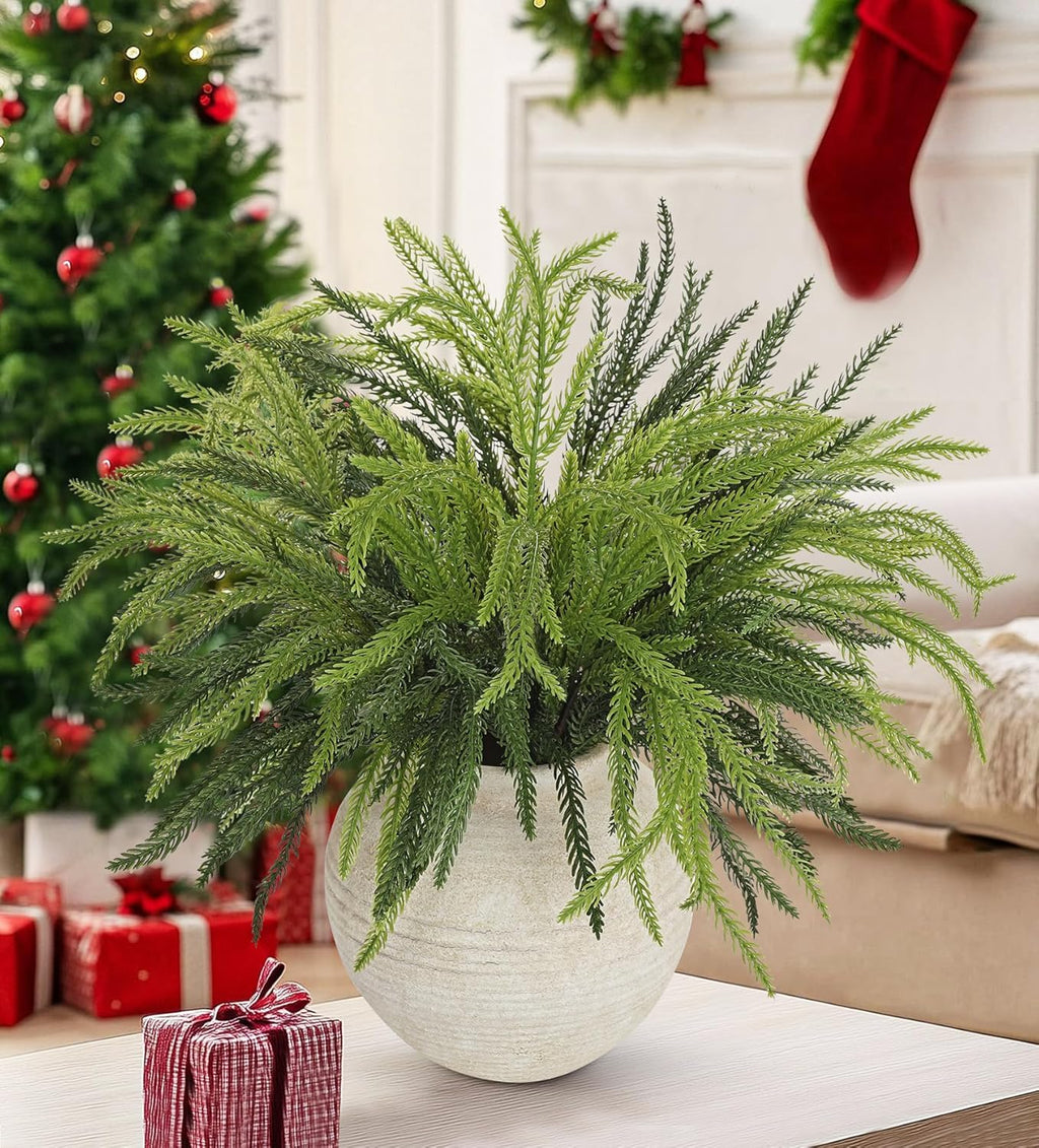 Briful Artificial Norfolk Pine Stems for Christmas Decor, 19 1/2’’ Faux Greenery Branch, Realistic Holiday Cedar Pine Picks for Vase, Garland, Mantel, DIY Floral Arrangement, Set of 24