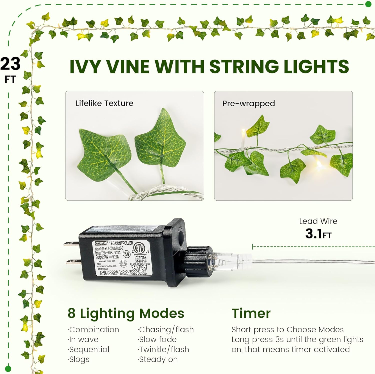 Vine with Fairy Lights, 23 FT 73 LED Ivy Leaf Lights Indoor Plug in, Fake Vine String Lights for Bedroom, Dorm, Wall, Party, Garden, Birthday, Wedding, Room Decor, Warm White