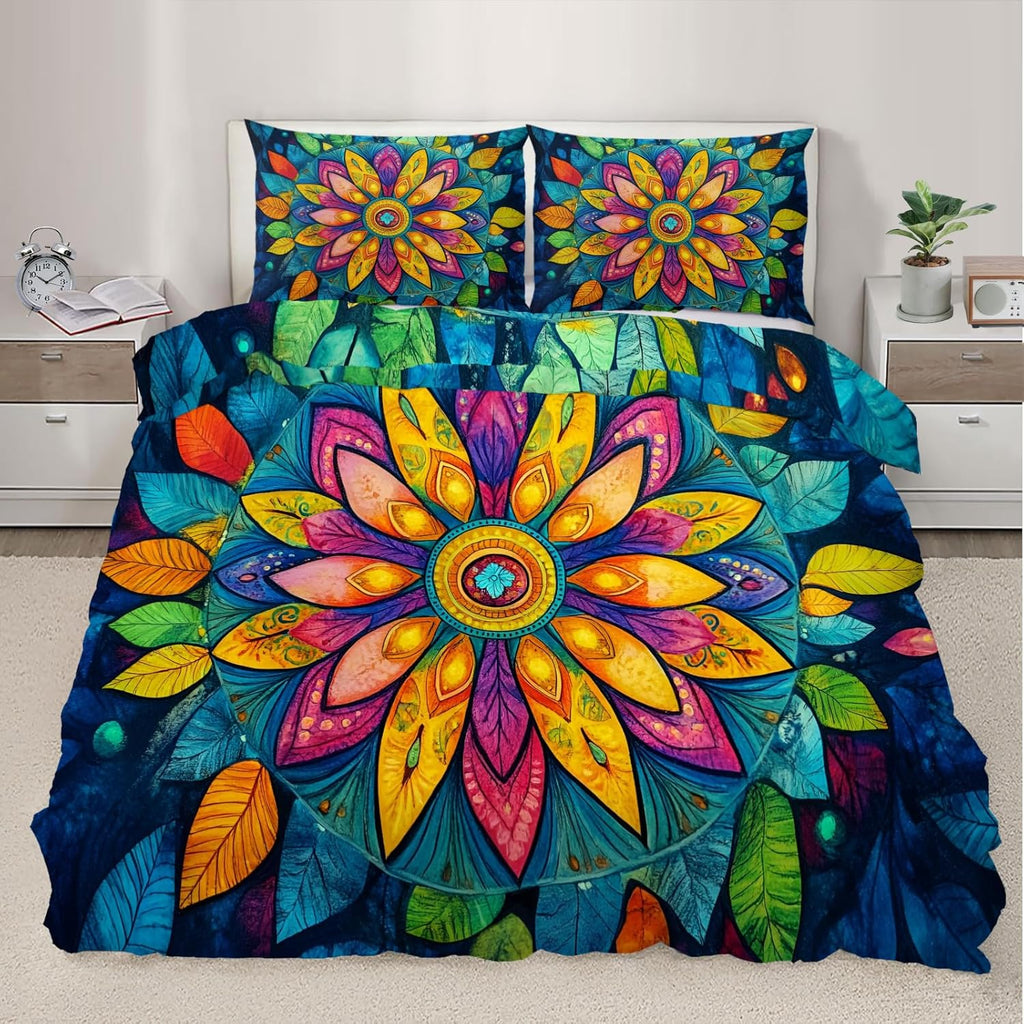 Colorful Flower Duvet Cover Queen Size, Bohemian Floral Bedding Set 3 Piece Bedroom Decor Luxury Mandala Comforter Cover and 2 Pillow Sham with Zipper Closure