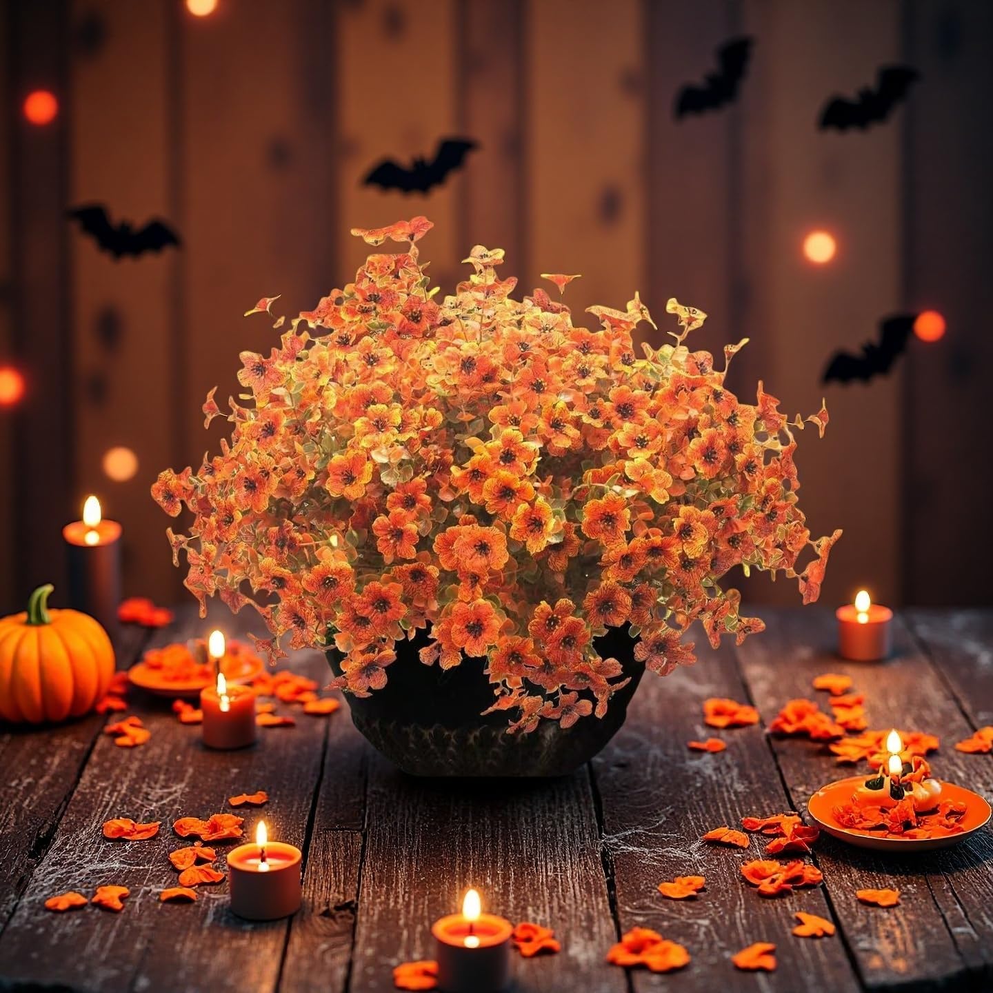 Artificial Fall Flowers Fake mums for Outdoors - UV Resistant & Fade-Resistant Fake Flowers, 24 Bundles Orange Yellow Waterproof Faux Flowers for Garden, Yard, Patio, Wedding & Fall Decor