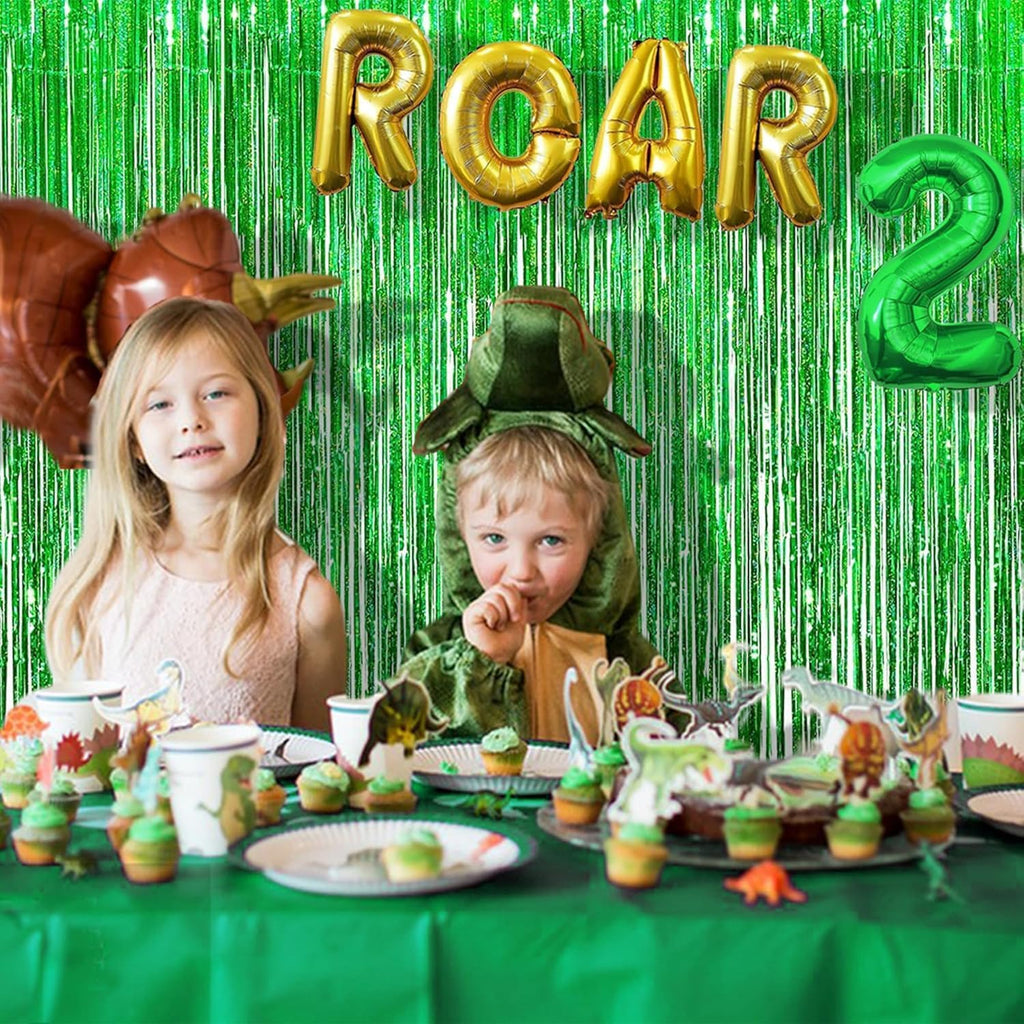 BRAVESHINE Green Metallic Tinsel Foil Fringe Curtains - 2 Pack 3.2 x 8.2 ft Metallic Photo Backdrop for Graduates-Theme/St Patricks Day/Hawaiian/Luau/Dinosaur/Jungle-Theme/Christmas Party Decorations