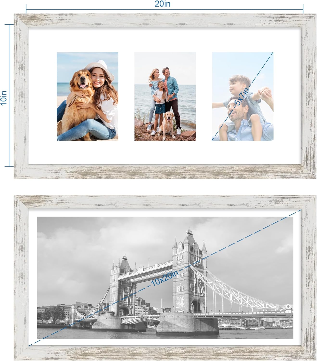 10x20 Picture Frame Set of 2, Distressed White Wood Frame with Real Glass Collage Frame, Display Pictures Three 5x7 With Mat or 10 x 20 Without Mat - Horizontal or Vertical Wall Mounting