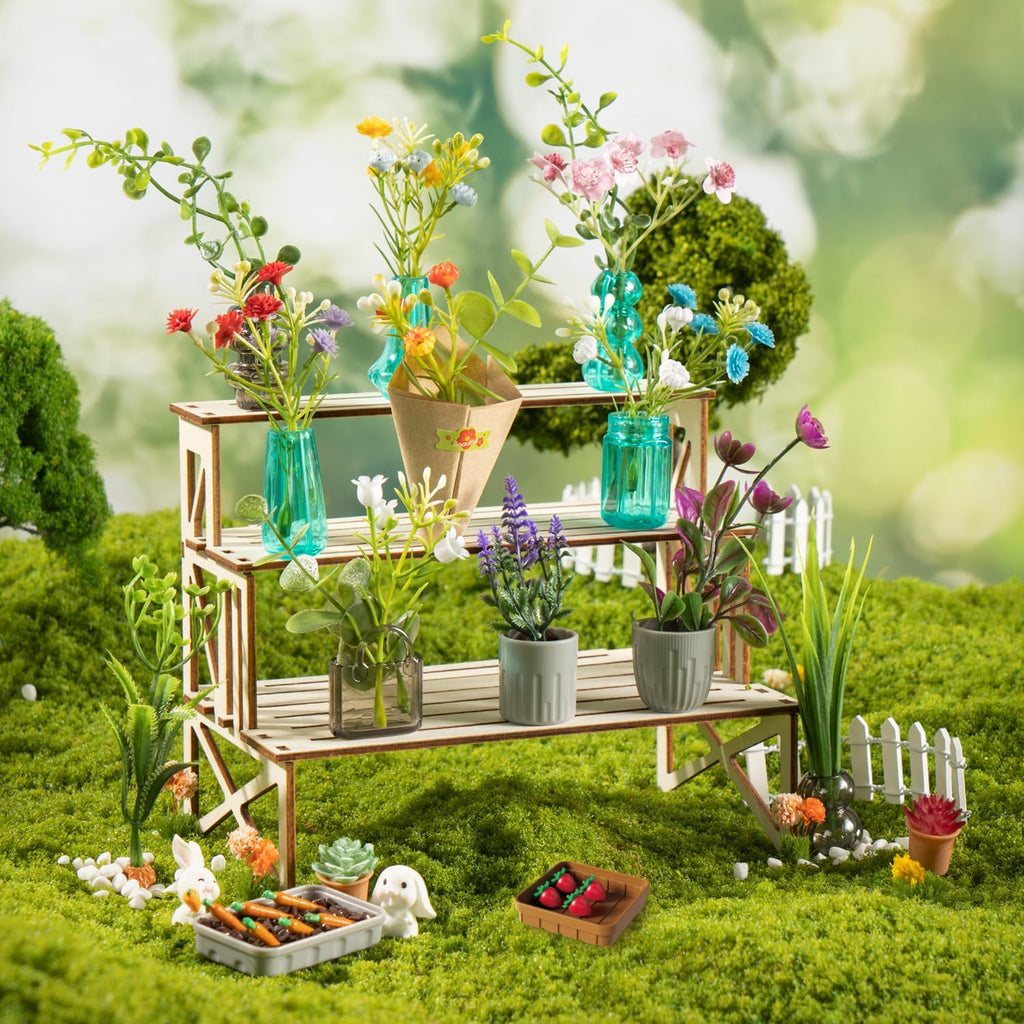 70 PCS Make It Miniature Brands Nature Garden Plants Set, Mini Botanical Collectibles, Tiny Paper Flower Bouquet DIY Craft Kit, with Wood Display Stand, Miniature Toy Gift for Kids and Adults