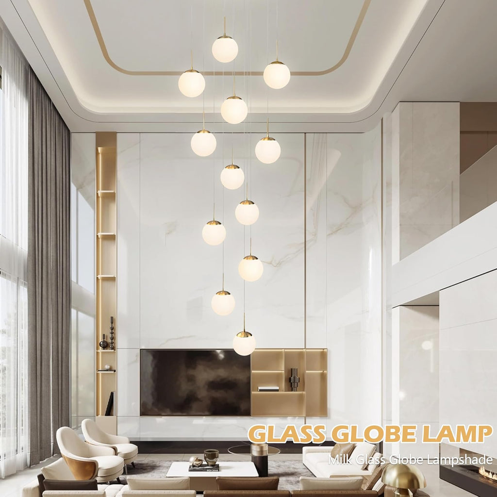 KoKo&Yukina 12-Light Gold Mid Century Modern Chandelier for Living Room Staircase Chandelier for Entryway Globe Milky White Glass Pendant Light High Ceiling Chandeliers Foyer (Bulb & Remote Incl.)