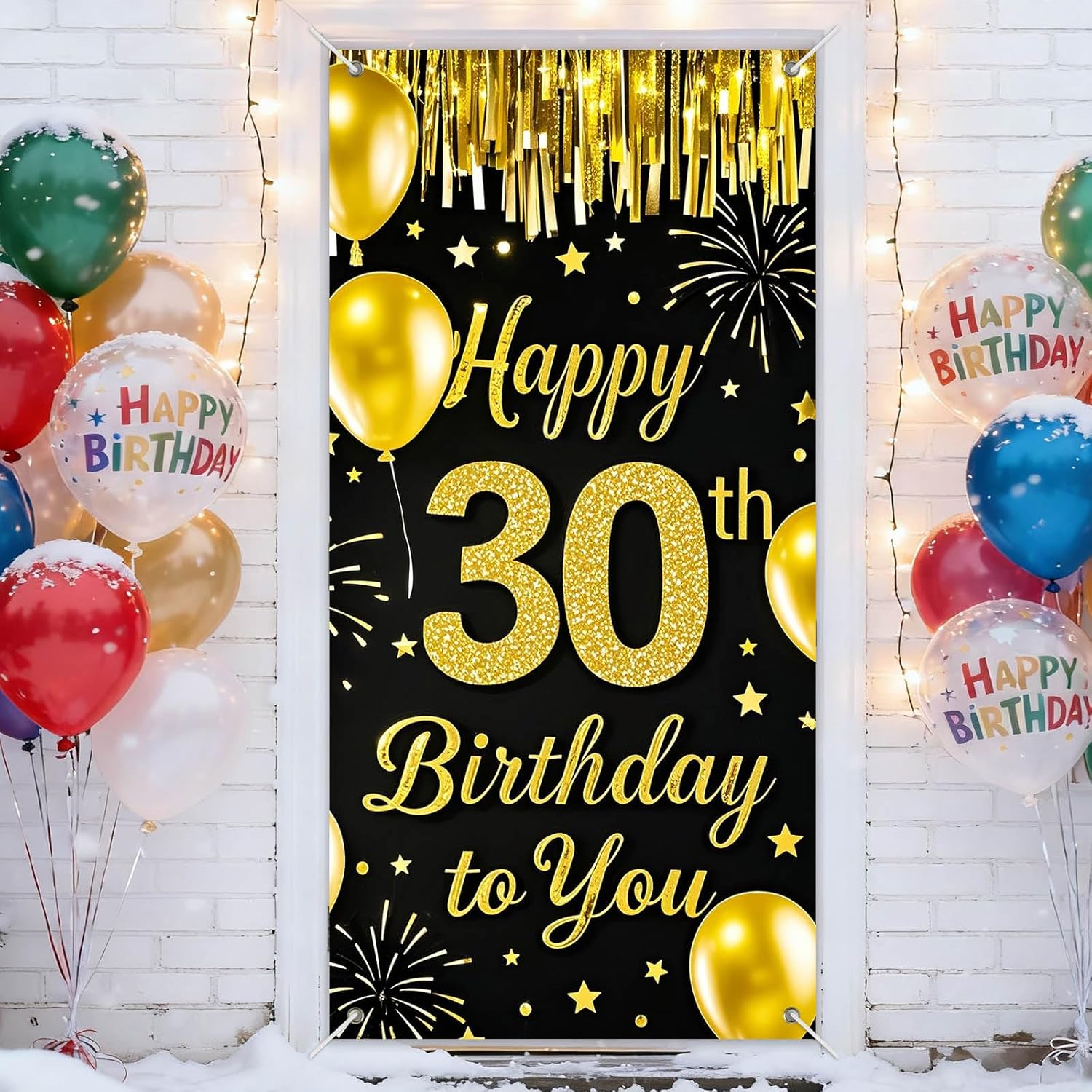 IVN 30th Birthday Door Cover 71x35 Inch Black Gold Birthday Banner for Party Decorations Balloons Stars Fireworks Backdrop Sign for Men Women Photo Booth Prop Wall Decor