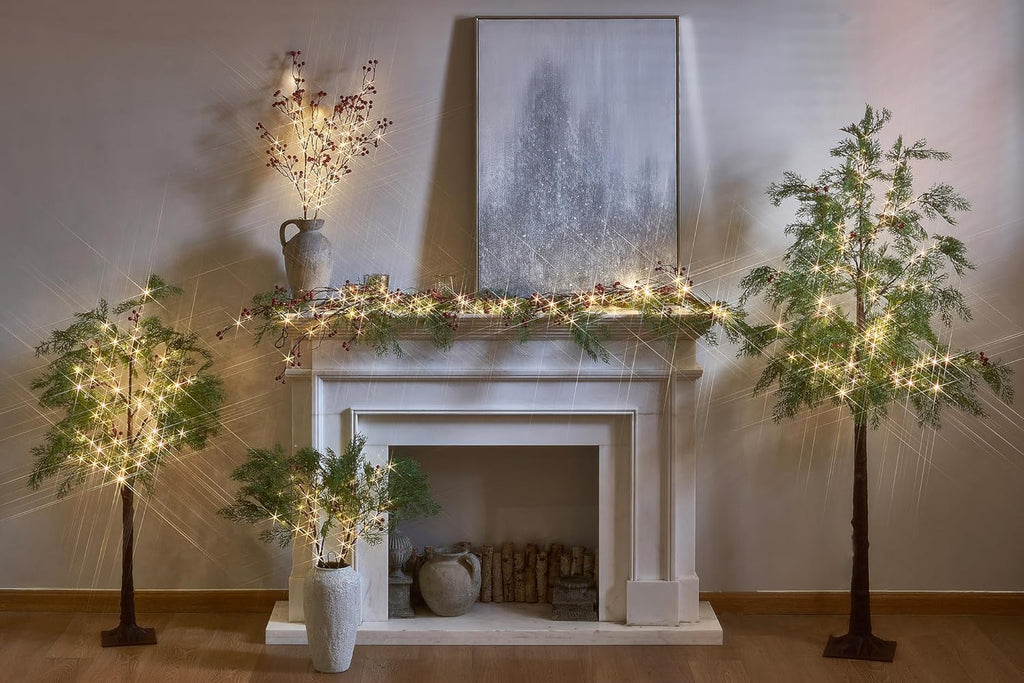 Hairui Pre Lit Christmas Pine Tree 195 Fairy Lights 6FT Plug in, Lighted Faux Cypress Tree with Red Berry for Indoor Outdoor Home and Holiday Decoration