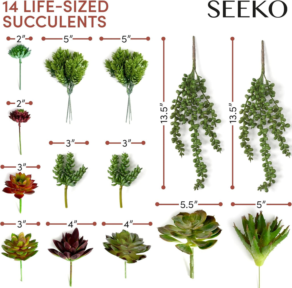 SEEKO Succulents Fake Succulents (14 Pack) – Premium Artificial Succulents Plants for Crafts - Small Assortment for Party, Garden, Home, Outdoor & DIY Floral Decor