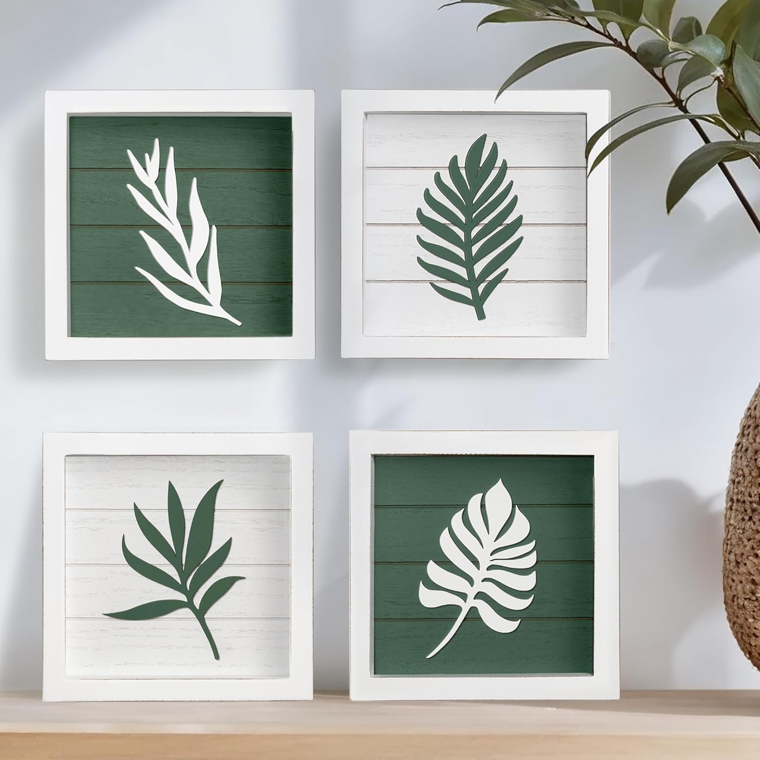 3D Green Botanical Wall Art (Framed Set of 4) Lightweight, Ready-to-Hang Leaf Decor - Wooden Minimalist Boho Wall Art for Bathroom, Bedroom, Living Room or Office - Farmhouse Plant Artwork, Gift-Boxed