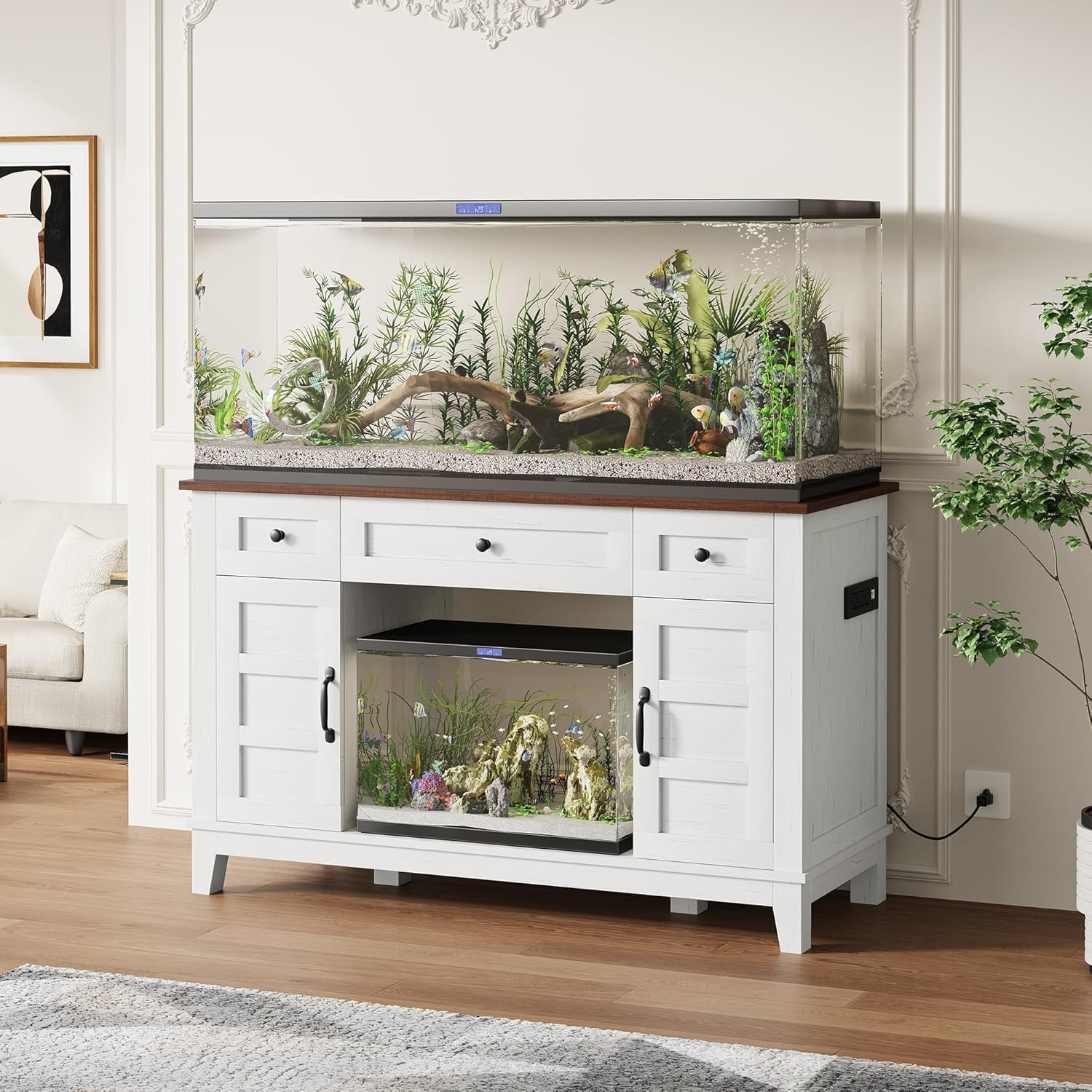 55-75 Gallon Fish Tank Stand - Farmhouse Design, Aquarium Stand with Power Outlet, 1400LBS Heavy Duty, Suitable for Fish Turtle Reptile Terrarium, White